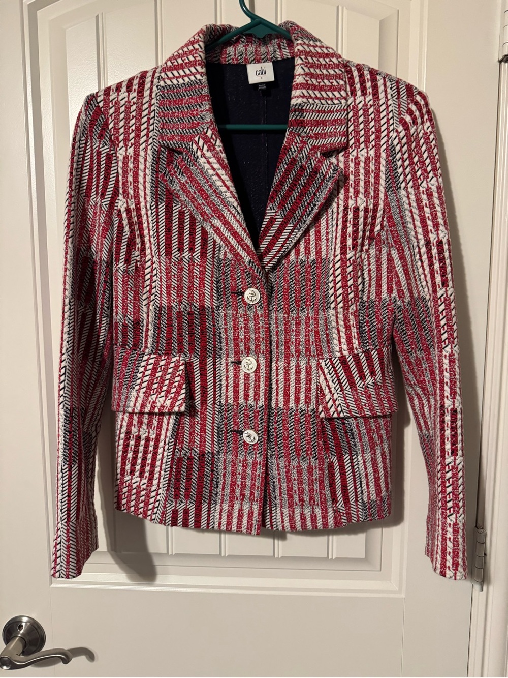CAbi Red Plaid Blazer Jacket with White and Black Accents